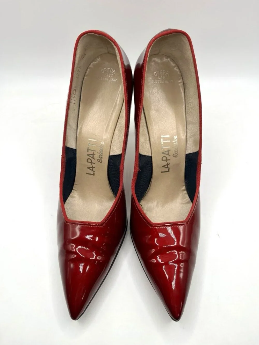 Vintage Red Vinyl Stiletto Heels La Patti Pointed Toe Glossy Size 8 Pinup Sexy